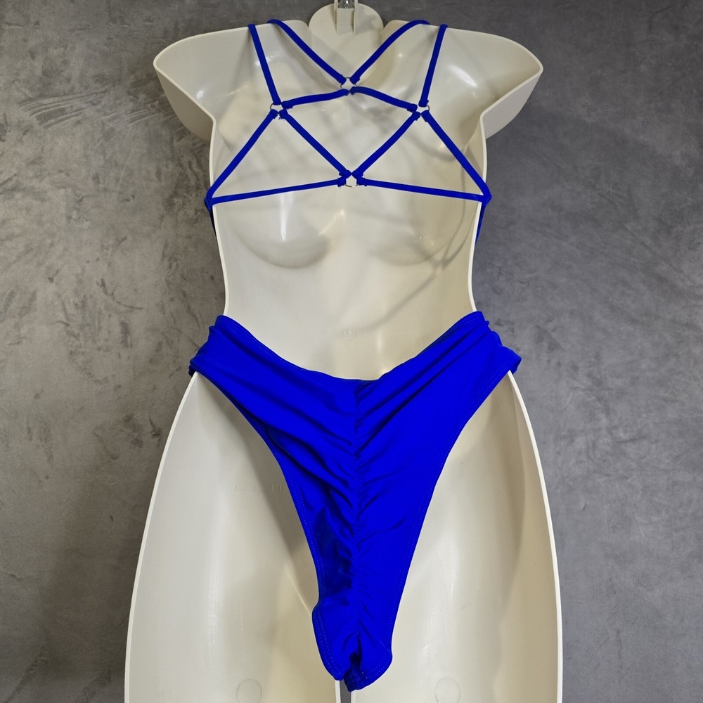 One Piece Swimsuit Size Small Royal Blue High Cut Strappy Low Back Padded Bra - Picture 3 of 4